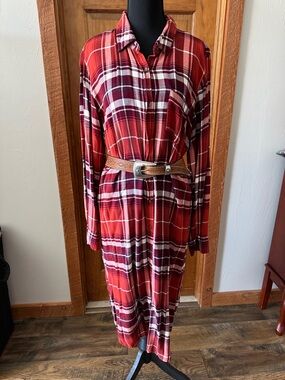 Rust Plaid Button-Front Shirt Dress